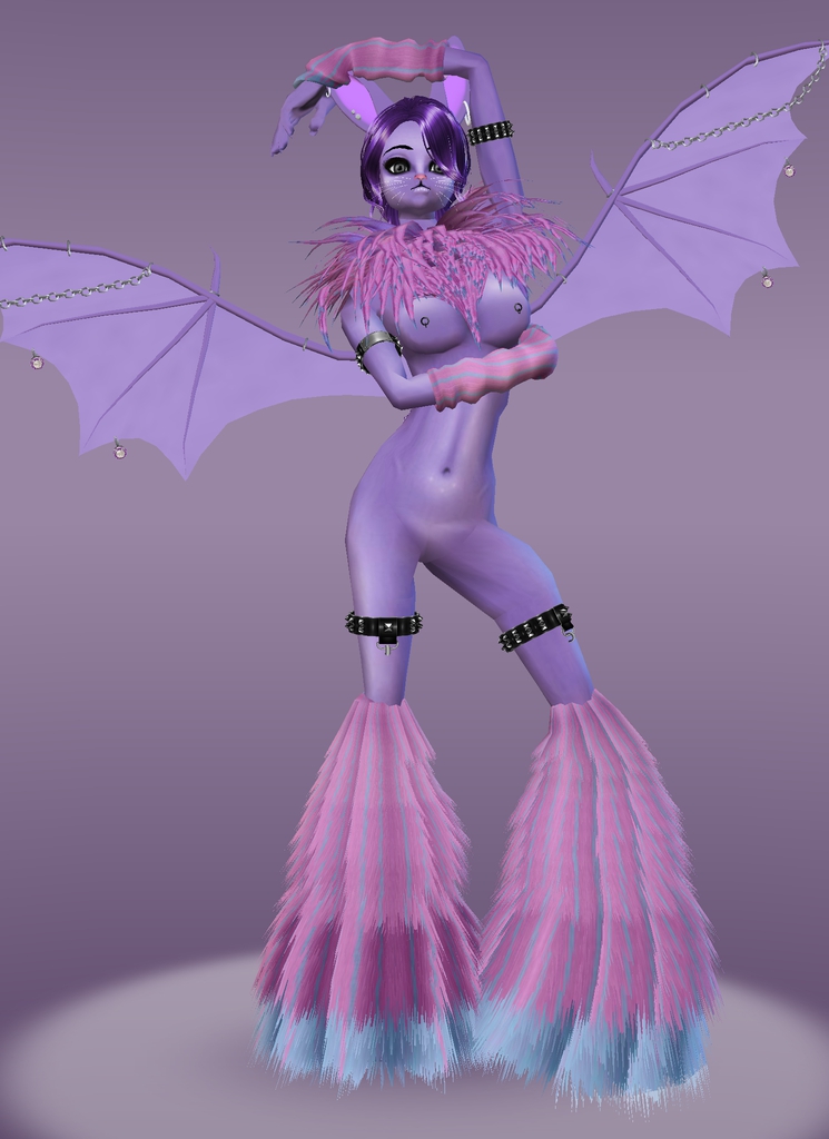 2017 anthro blue_eyes blue_mishka breasts bunneh bust_(disambiguation) chimera clothed clothing ear_piercing english_text fangs female fur furgonomics furry-specific_piercing hair hi_res hybrid imvu invalid_color leg_tuft mishka neck_tuft nipple_piercing nipples nude piercing purple_fur purple_hair signature simple_background solo text topless tuft white_eyes wing_piercing wings