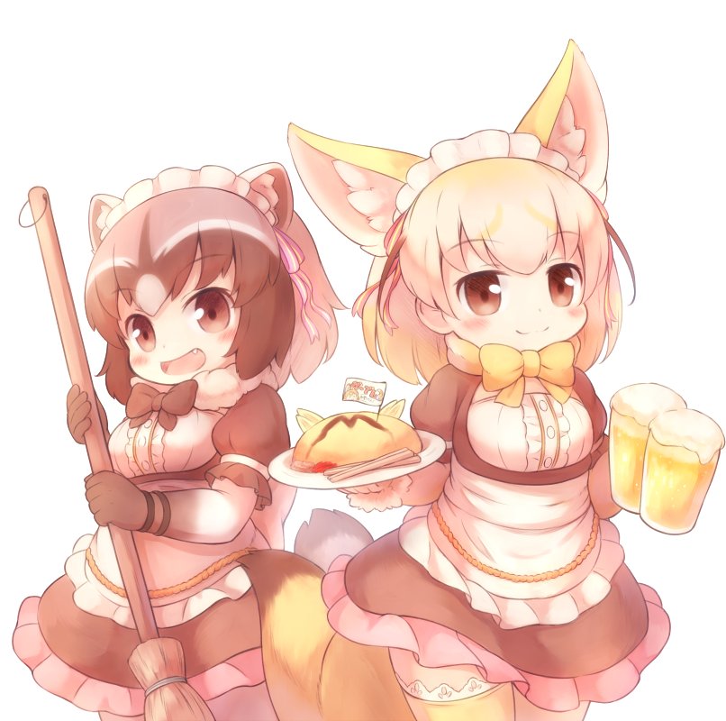 :d alcohol alternate_costume animal_ear_fluff animal_ears apron beer beer_mug black_hair black_neckwear blonde_hair blush bow bowtie broom brown_eyes chopsticks commentary_request common_raccoon_(kemono_friends) cowboy_shot cup drinking_glass enmaided extra_ears eyebrows_visible_through_hair fang fennec_(kemono_friends) food fox_ears fox_tail fur_collar fur_trim grey_hair hair_ribbon holding holding_broom holding_cup holding_plate kemono_friends kemono_friends_festival lace lace-trimmed_thighhighs looking_at_viewer maid maid_apron maid_headdress matsuu_(akiomoi) mini_flag multicolored_hair multiple_girls omurice open_mouth plate raccoon_ears raccoon_tail ribbon short_sleeves simple_background smile tail thighhighs white_background yellow_legwear yellow_neckwear zettai_ryouiki
