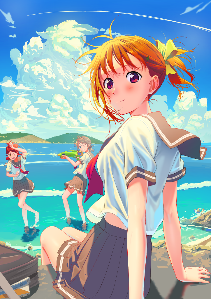 alternate_hairstyle antenna_hair bag barefoot blush clenched_hands cloud commentary_request condensation_trail day grey_hair grey_sailor_collar grey_skirt grin looking_at_viewer looking_back love_live! love_live!_sunshine!! multiple_girls neckerchief ocean one_eye_closed orange_hair outdoors pleated_skirt poligon_(046) red_eyes red_hair red_neckwear sailor_collar sakurauchi_riko school_bag school_uniform serafuku short_sleeves sitting skirt smile soaking_feet squirting takami_chika twintails uranohoshi_school_uniform wading watanabe_you water water_gun