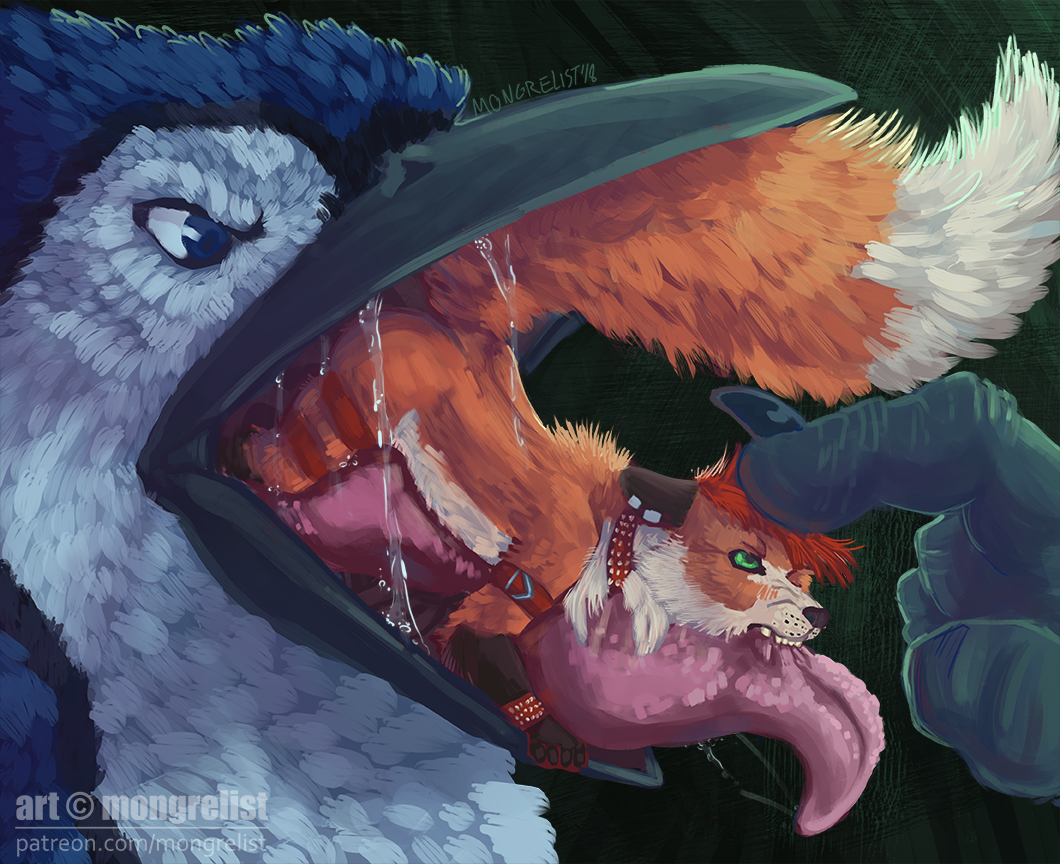 2018 angry anthro avian beak bird bite blue_eyes blue_jay blush canine collar corvid duo elijah_jay feathers forced fox fur green_eyes jaxus_(tastyjax12) male mammal micro mongrelist open_mouth orange_fur saliva size_difference tongue vore