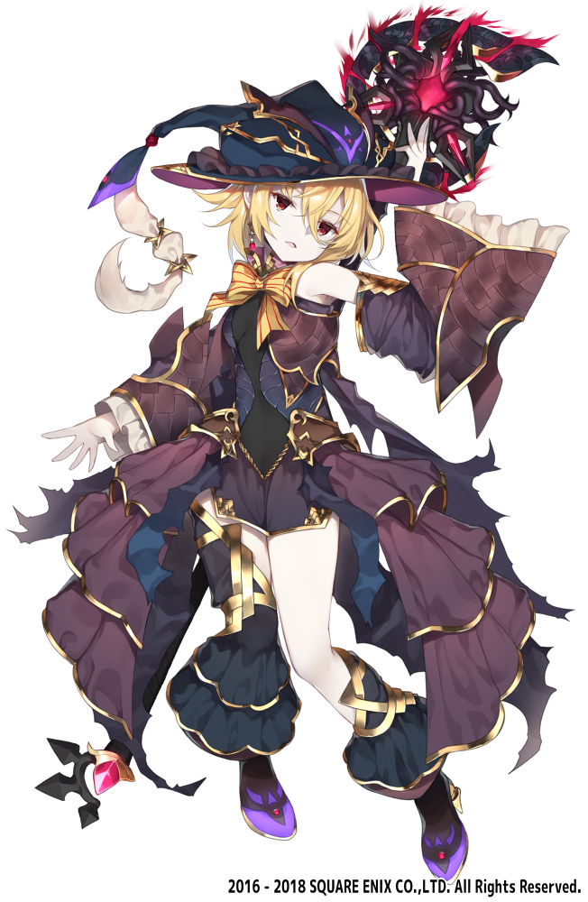 arm_up bangs bare_shoulders black_hat blonde_hair bow breasts brown_dress character_request commentary_request detached_sleeves dress eyebrows_visible_through_hair full_body grimms_notes hair_between_eyes hat head_tilt high_heels long_sleeves looking_at_viewer parted_lips purple_footwear red_eyes shoes simple_background sleeveless sleeveless_dress small_breasts solo staff star striped striped_bow watermark white_background wide_sleeves witch_hat yappen yellow_bow