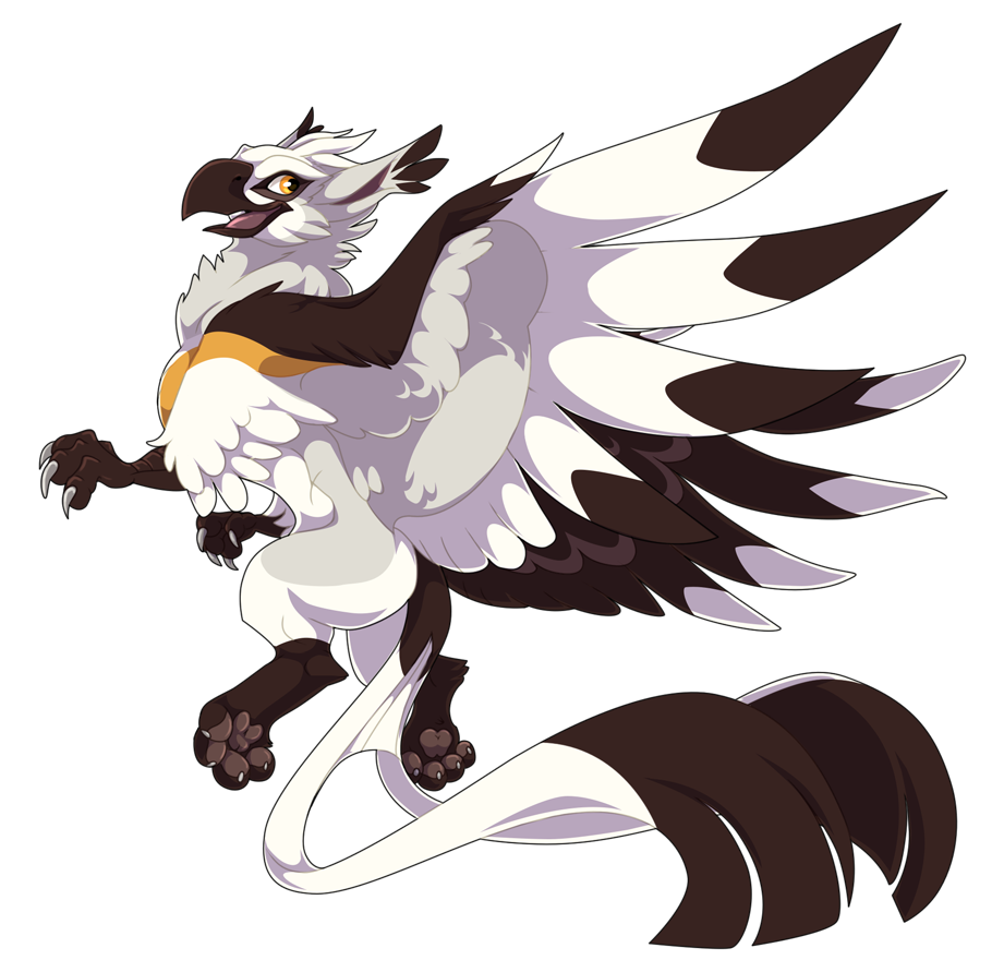 2018 alpha_channel ambiguous_gender avian beak black_beak black_feathers claws digital_media_(artwork) feathered_wings feathers gryphon pawpads simple_background smile thefluffehgryphon transparent_background white_feathers wings yellow_eyes