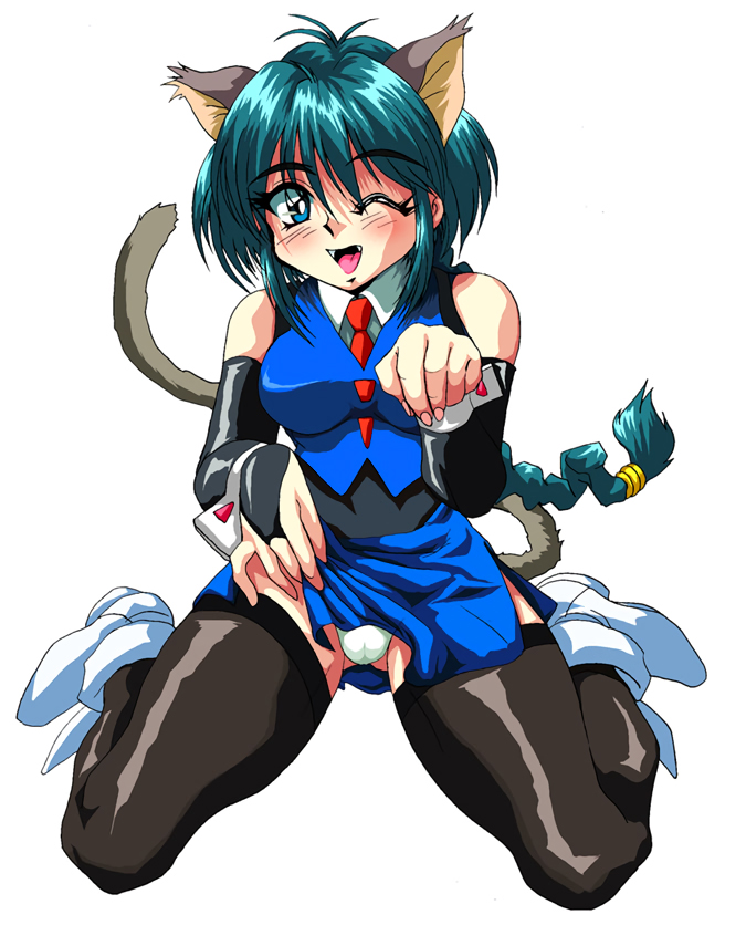 animal_ears aqua_eyes ass_visible_through_thighs black_legwear blue_eyes blush braid bridal_gauntlets cat_ears cat_tail eyeball_(artist) fangs full_body hyper_police long_hair looking_at_viewer necktie one_eye_closed open_mouth panties sasahara_natsuki_(hyper_police) side_slit simple_background single_braid sitting skirt skirt_lift solo tail thighhighs underwear wariza white_background white_footwear white_panties wings wrist_cuffs