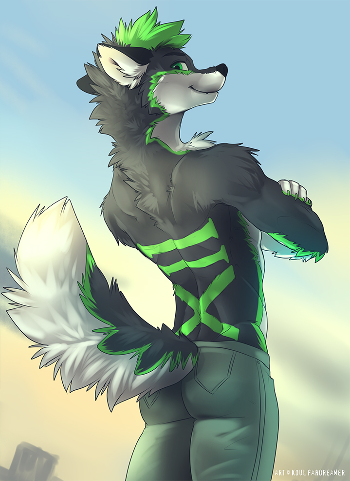 2018 5_fingers anthro black_fur black_nose butt_pose canine clothed clothing day digital_media_(artwork) dog fur green_eyes green_hair hair koul male mammal outside sky smile solo standing topless