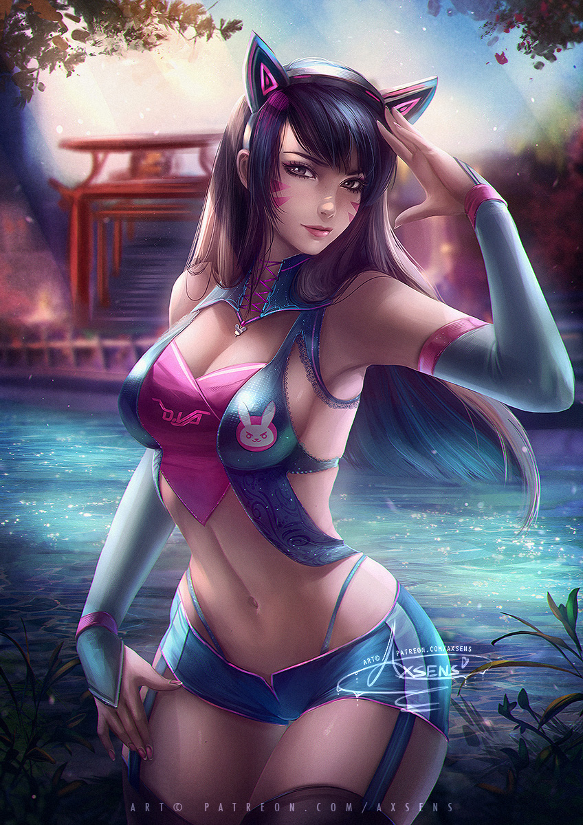 alternate_costume animal_ears banned_artist black_hair brown_eyes commentary d.va_(overwatch) elbow_gloves facial_mark fake_animal_ears gloves highres long_hair midriff overwatch river shorts thighhighs track_uniform