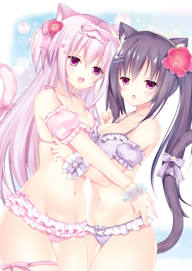 :d animal_ear_fluff animal_ears bangs bare_shoulders bikini blush bow breasts brown_hair cat_ears cat_girl cat_tail cleavage collarbone commentary_request detached_sleeves dutch_angle eyebrows_visible_through_hair fang flower frilled_bikini frills groin hair_between_eyes hair_bow hair_flower hair_ornament hairclip heart heart_hair_ornament himemiya_niina long_hair medium_breasts multiple_girls navel open_mouth original parted_lips pink_bikini pink_bow pink_hair puffy_short_sleeves puffy_sleeves purple_bikini purple_eyes red_flower short_sleeves smile star star_hair_ornament swimsuit tail tail_raised twintails very_long_hair wrist_cuffs