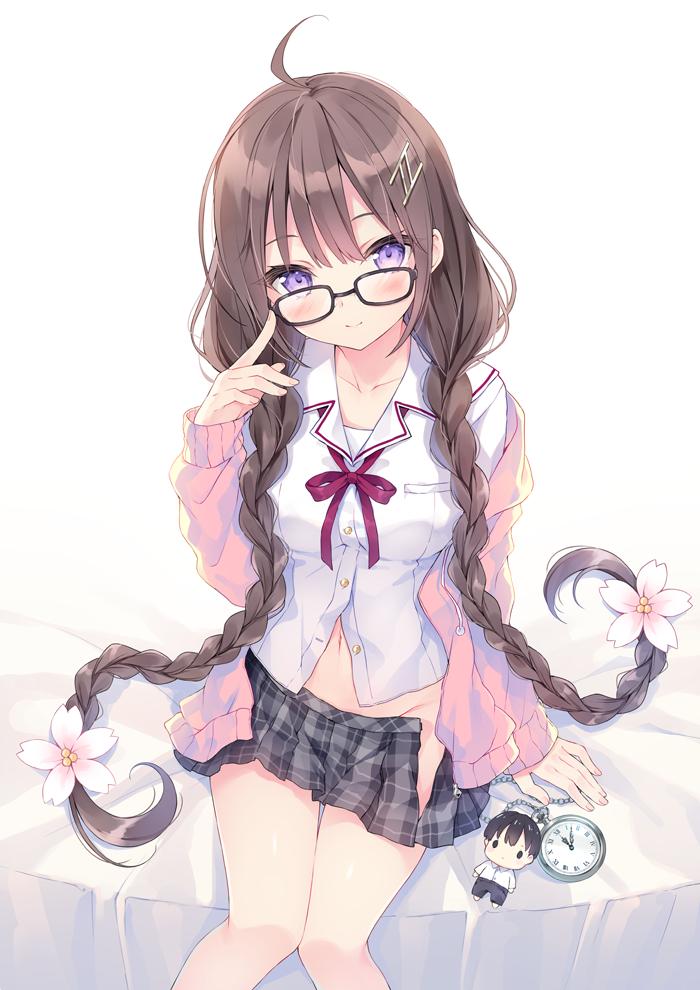 1girl ahoge black-framed_eyewear black_skirt blush braid breasts brown_hair buttons cardigan character_doll closed_mouth collarbone collared_shirt flower glasses groin hair_flower hair_ornament hair_over_shoulder hand_up head_tilt large_breasts long_hair long_sleeves looking_at_viewer looking_over_eyewear low_twintails miniskirt navel neck_ribbon no_panties open_cardigan open_clothes original partially_unbuttoned pink_cardigan plaid plaid_skirt pleated_skirt pocket_watch purple_eyes red_neckwear ribbon rurudo school_uniform shirt sidelocks sitting skirt sleeves_past_wrists smile solo twin_braids twintails very_long_hair watch white_background white_flower white_shirt