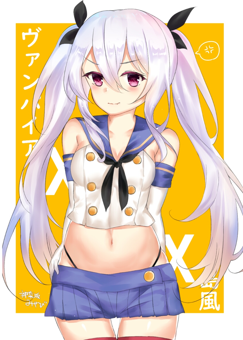 anger_vein azur_lane bangs bare_shoulders black_neckwear black_panties black_ribbon blue_sailor_collar blue_skirt blush closed_mouth commentary_request cosplay crop_top double-breasted elbow_gloves eyebrows_visible_through_hair fang fang_out gloves hair_between_eyes hair_ribbon highleg highleg_panties kagura_miyabi kantai_collection long_hair looking_at_viewer lowleg_skirt microskirt navel orange_background panties pleated_skirt purple_eyes ribbon sailor_collar shimakaze_(kantai_collection) shimakaze_(kantai_collection)_(cosplay) shirt silver_hair skirt sleeveless sleeveless_shirt solo spoken_anger_vein thigh_gap thighhighs translation_request twintails two-tone_background underwear vampire_(azur_lane) very_long_hair wavy_mouth white_background white_gloves white_shirt