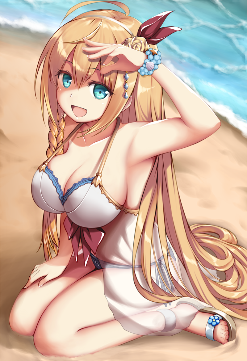 ahoge aqua_eyes babydoll bare_shoulders beach big_wednesday blonde_hair blush braid breasts cleavage commentary_request day eyebrows_visible_through_hair flower from_side hair_flower hair_ornament hairband large_breasts long_hair looking_at_viewer midriff open_mouth pecorine princess_connect! princess_connect!_re:dive ribbon rose sand sandals side_braid single_braid sitting solo swimsuit tiara toes water white_swimsuit yellow_flower yellow_rose