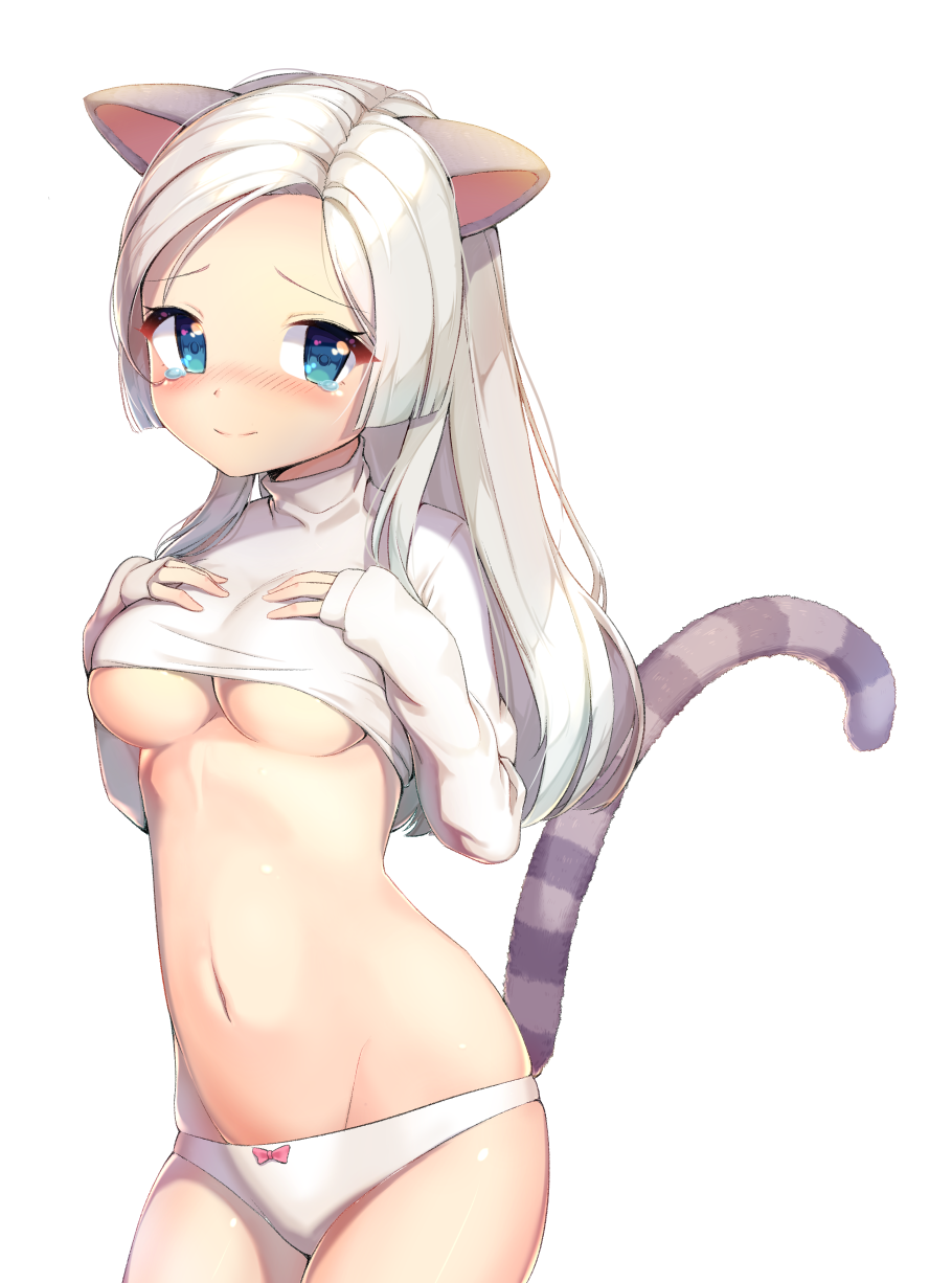 animal_ears blade_&amp;_soul blue_eyes blush breasts cat_ears cat_tail cleavage commentary_request commission crop_top highres lifted_by_self long_hair lyn_(blade_&amp;_soul) navel no_pants panties raizen_(jung_0000) shirt shirt_lift simple_background smile solo tail tears underboob underwear white_background white_hair white_panties