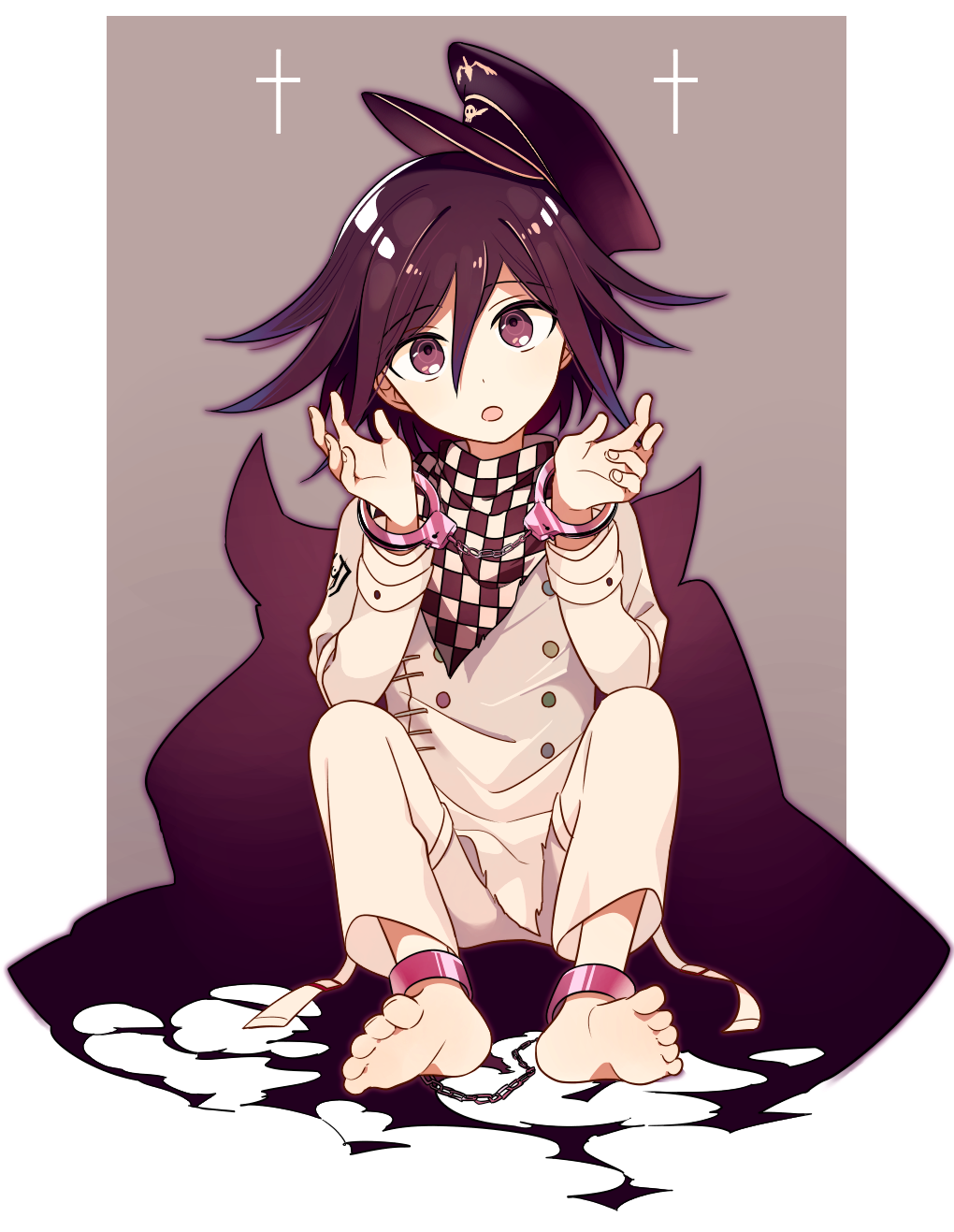 1boy 4_(nakajima4423) barefoot cape checkered checkered_scarf commentary_request cross cuffs danganronpa dot_nose eyebrows_visible_through_hair hair_between_eyes handcuffs hat highres jacket long_sleeves looking_at_viewer male_focus medium_hair new_danganronpa_v3 no_shoes open_eyes open_mouth ouma_kokichi purple_eyes purple_hair scarf simple_background solo straitjacket torn_clothes uniform white_jacket white_legwear