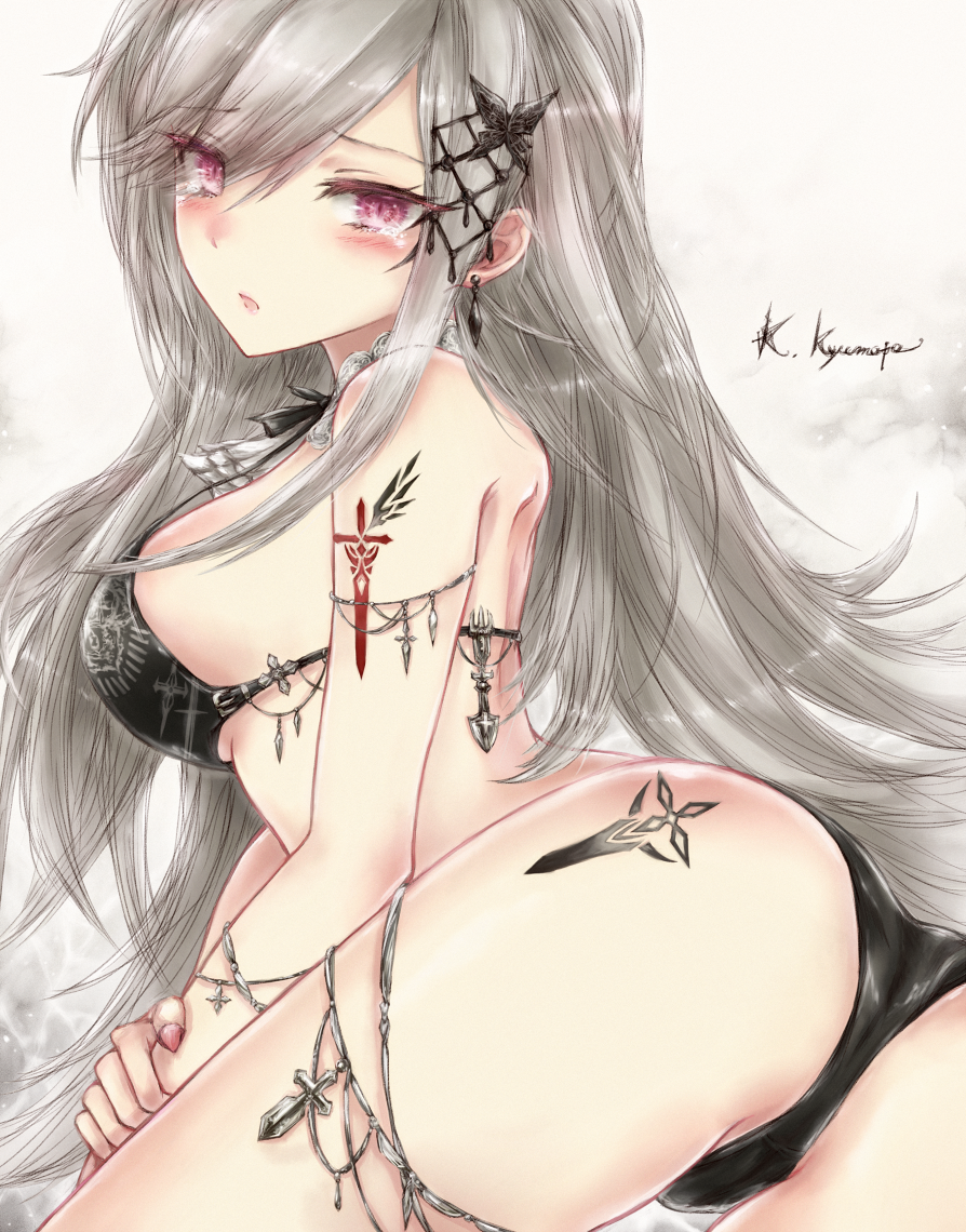 :o alternate_costume armlet ascot ass azur_lane bangs bikini black_bikini blush breasts butterfly_hair_ornament commentary_request dunkerque_(azur_lane) earrings eyebrows_visible_through_hair eyes_visible_through_hair grey_hair groin hair_ornament jewelry kyuumoto_kuku large_breasts long_hair looking_at_viewer nail_polish open_mouth pink_eyes red_nails shoulder_blades sidelocks signature silver_trim solo swimsuit tattoo tearing_up thighlet thighs very_long_hair