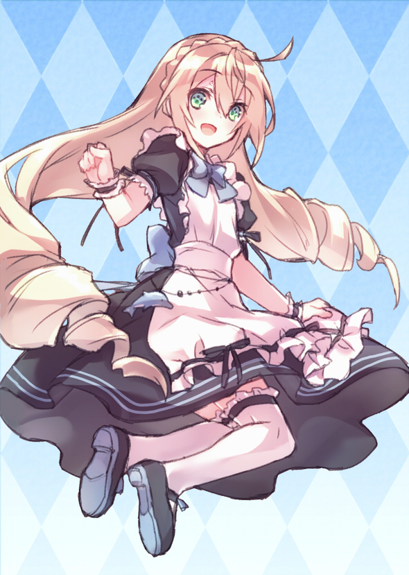 :d ahoge apron argyle argyle_background bangs black_footwear black_ribbon blonde_hair blue_bow blue_eyes blue_neckwear bow bowtie braid chung_seiker crossdressing crown_braid dolphin dot_nose dress drill_hair elsword eyebrows_visible_through_hair green_eyes hair_between_eyes long_hair looking_at_viewer mary_janes multicolored multicolored_eyes open_mouth otoko_no_ko over-kneehighs puffy_short_sleeves puffy_sleeves ribbon shoes short_sleeves smile solo symbol-shaped_pupils thighhighs twin_drills very_long_hair wanko_(takohati8) white_apron white_legwear wristband