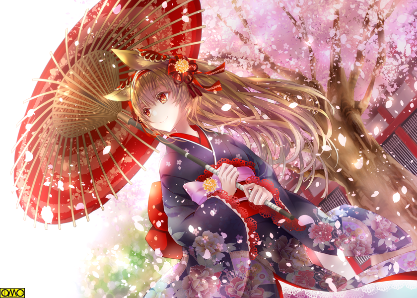 animal_ear_fluff animal_ears architecture brown_hair cherry_blossoms copyright_name day dutch_angle east_asian_architecture floral_print japanese_clothes kimono long_hair looking_to_the_side omc outdoors parasol red_eyes smile solo spring_(season) standing tree umbrella watermark yuzu_5101