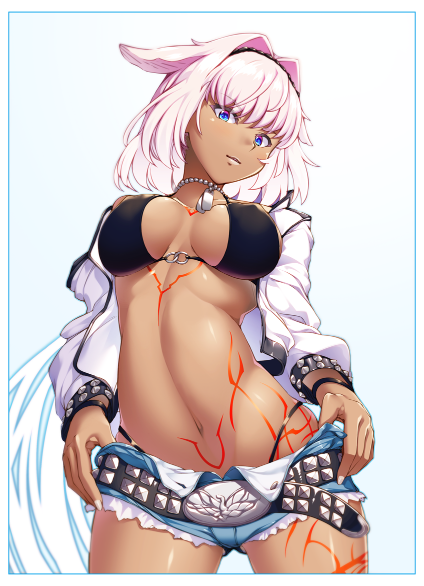 1girl animal_ears arata ass_visible_through_thighs bangs bead_necklace beads bikini black_bikini blue_border blue_eyes blue_shorts border breasts caenis_(fate) covered_nipples dark_skin dog_tags eyebrows_visible_through_hair fate/grand_order fate_(series) hair_flaps hair_intakes hairband highleg highleg_bikini jacket jewelry large_breasts long_hair looking_at_viewer low_ponytail necklace open_clothes open_jacket pink_hair short_shorts shorts solo swimsuit tattoo very_long_hair white_hair white_jacket