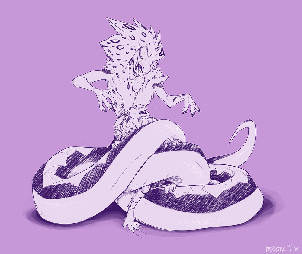 2018 ambiguous_gender duo forked_tongue lagomorph male mammal merystic monochrome naga open_mouth rabbit reptile restrained royalty_(character) scalie scared simple_background sketch snake tongue