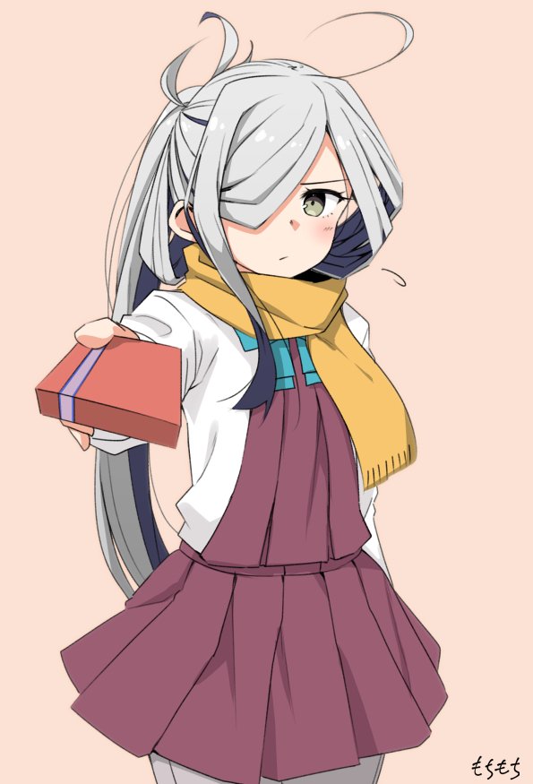 1girl ahoge artist_name asashimo_(kantai_collection) commentary_request cowboy_shot foreshortening gift grey_hair grey_legwear hair_over_one_eye halterneck kantai_collection long_hair looking_at_viewer moti_coi pantyhose pink_background ponytail scarf school_uniform shirt simple_background solo standing white_shirt yellow_scarf