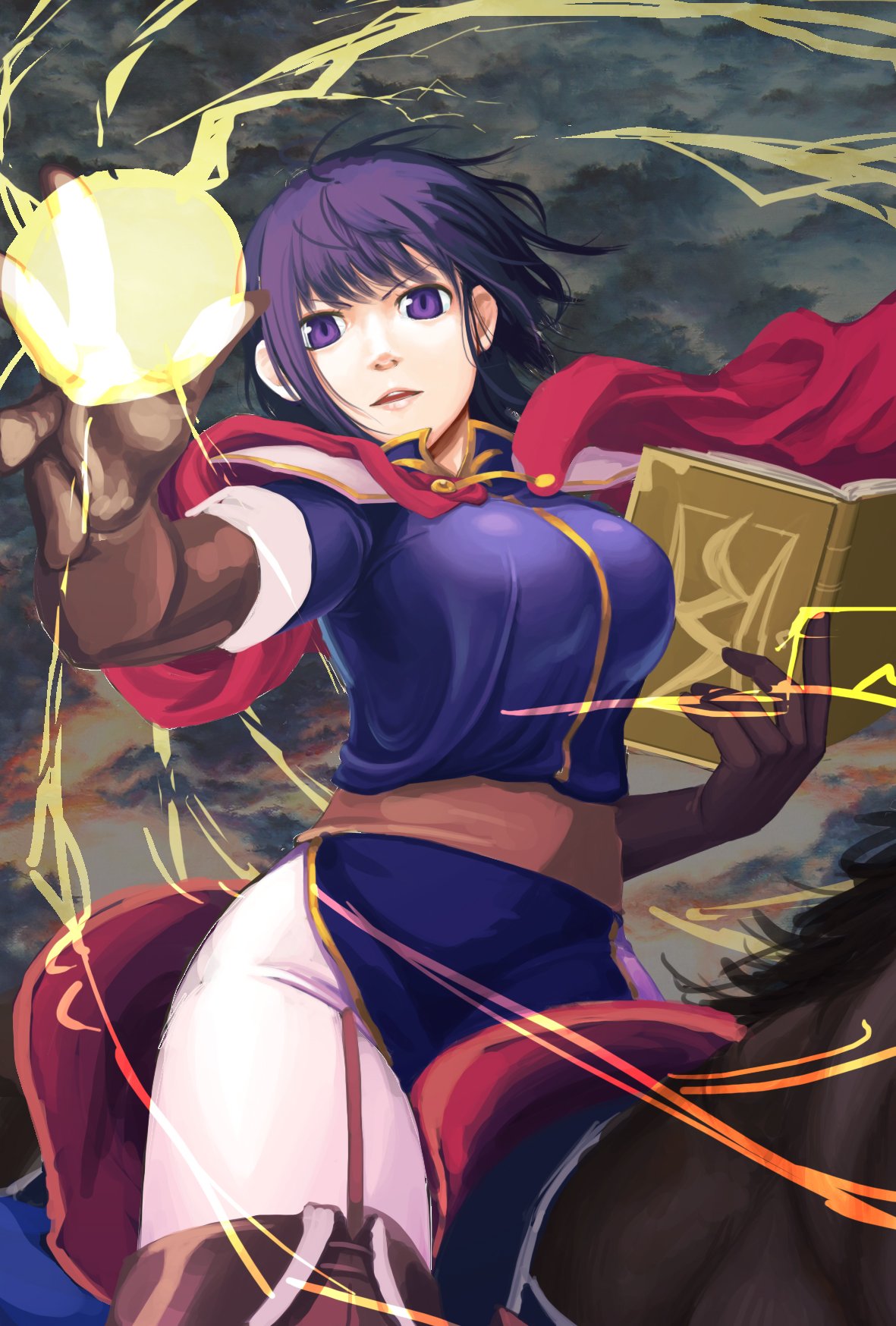 1girl animal cape elbow_gloves fire_emblem fire_emblem:_thracia_776 fire_emblem_heroes gloves highres horse horseback_riding looking_at_viewer nintendo olwen_(fire_emblem) purple_eyes purple_hair riding solo thighhighs traditional_media watercolor_(medium)