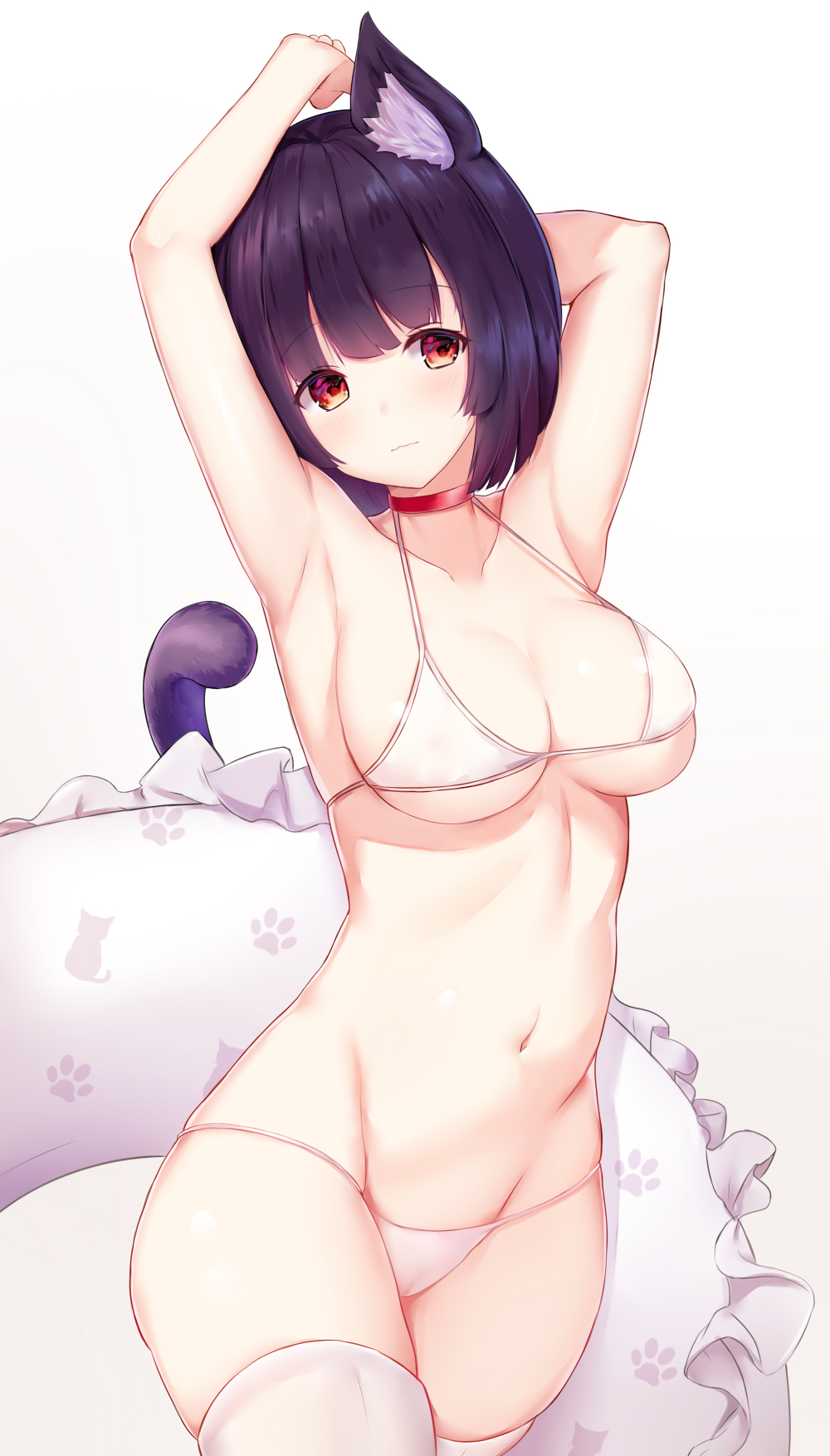 1girl animal_ear_fluff animal_ears armpits arms_up azur_lane bangs bare_arms bare_shoulders bikini black_hair blush breasts brown_background cat_ears cat_girl cat_tail choker cleavage closed_mouth collarbone commentary_request eyebrows_visible_through_hair filings_(ailuo_c) frilled_innertube gradient gradient_background head_tilt highres innertube medium_breasts navel red_choker red_eyes short_hair skindentation solo swimsuit tail tail_raised thighhighs white_background white_bikini white_innertube white_legwear yamashiro_(azur_lane)
