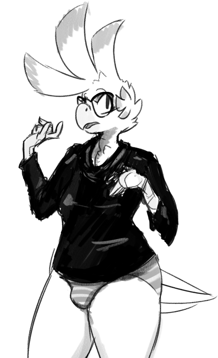 2017 anthro avian beak bird black_and_white black_clothing breasts bulge clothing cockatoo dickgirl dovne dovne_(character) eyewear feathers glasses intersex monochrome open_mouth parrot shirt simple_background solo underwear white_background white_feathers