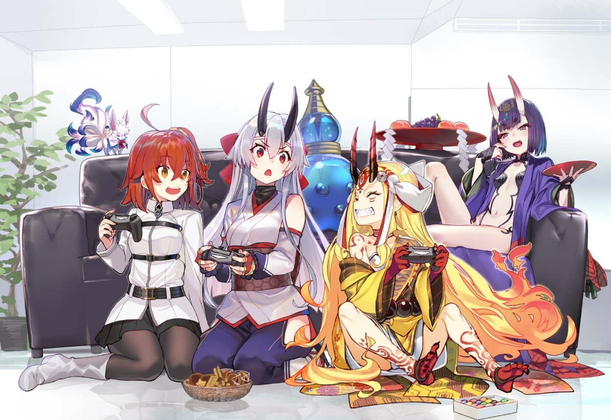 :d ahoge bangs barefoot belt black_legwear black_skirt blonde_hair bob_cut boots bottle breasts candy chaldea_uniform checkerboard_cookie choker closed_eyes controller cookie couch creature cup d: detached_sleeves eyebrows_visible_through_hair eyelashes facial_mark fangs fate/grand_order fate_(series) fingernails food forehead_mark fou_(fate/grand_order) fruit fujimaru_ritsuka_(female) game_controller gamepad grapes grin hair_ornament hair_ribbon hair_scrunchie holding holding_cup horns ibaraki_douji_(fate/grand_order) indoors jacket japanese_clothes kimono knee_up long_hair long_sleeves looking_at_another looking_at_viewer medium_breasts multiple_girls navel obi oni oni_horns open_mouth orange_hair pants pantyhose peach plant playing_games pleated_skirt potted_plant print_kimono purple_eyes purple_hair red_eyes revealing_clothes ribbon sakazuki sash scrunchie seiza sharp_fingernails sharp_teeth shirabi short_hair shuten_douji_(fate/grand_order) side_ponytail sitting skirt small_breasts smile tattoo teeth tomoe_gozen_(fate/grand_order) v-shaped_eyebrows very_long_hair wariza white_footwear white_hair white_jacket yellow_eyes