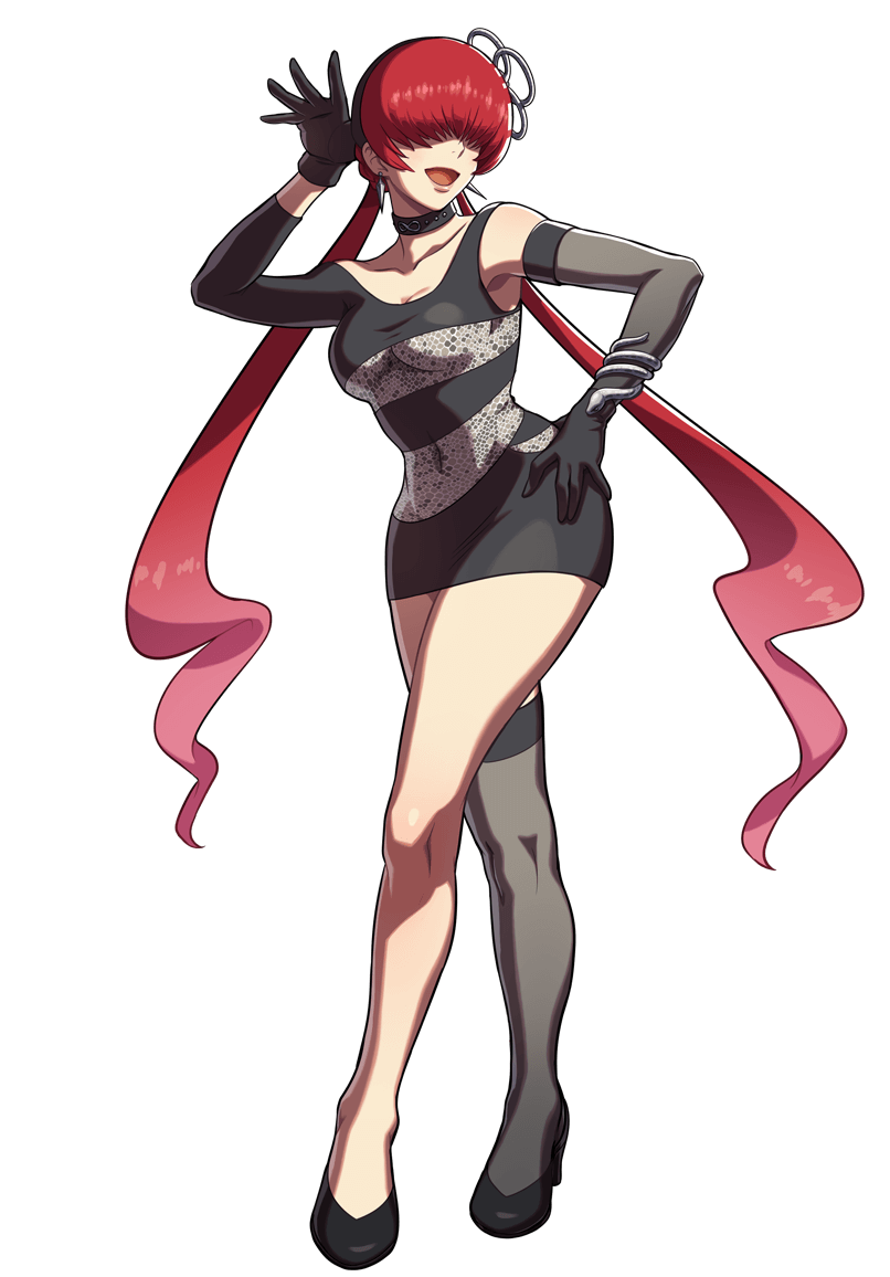 alternate_costume black_dress breasts dress elbow_gloves full_body gloves hair_over_eyes long_hair official_art ogura_eisuke red_hair shermie short_dress smile snk snk_heroines:_tag_team_frenzy solo the_king_of_fighters thighhighs
