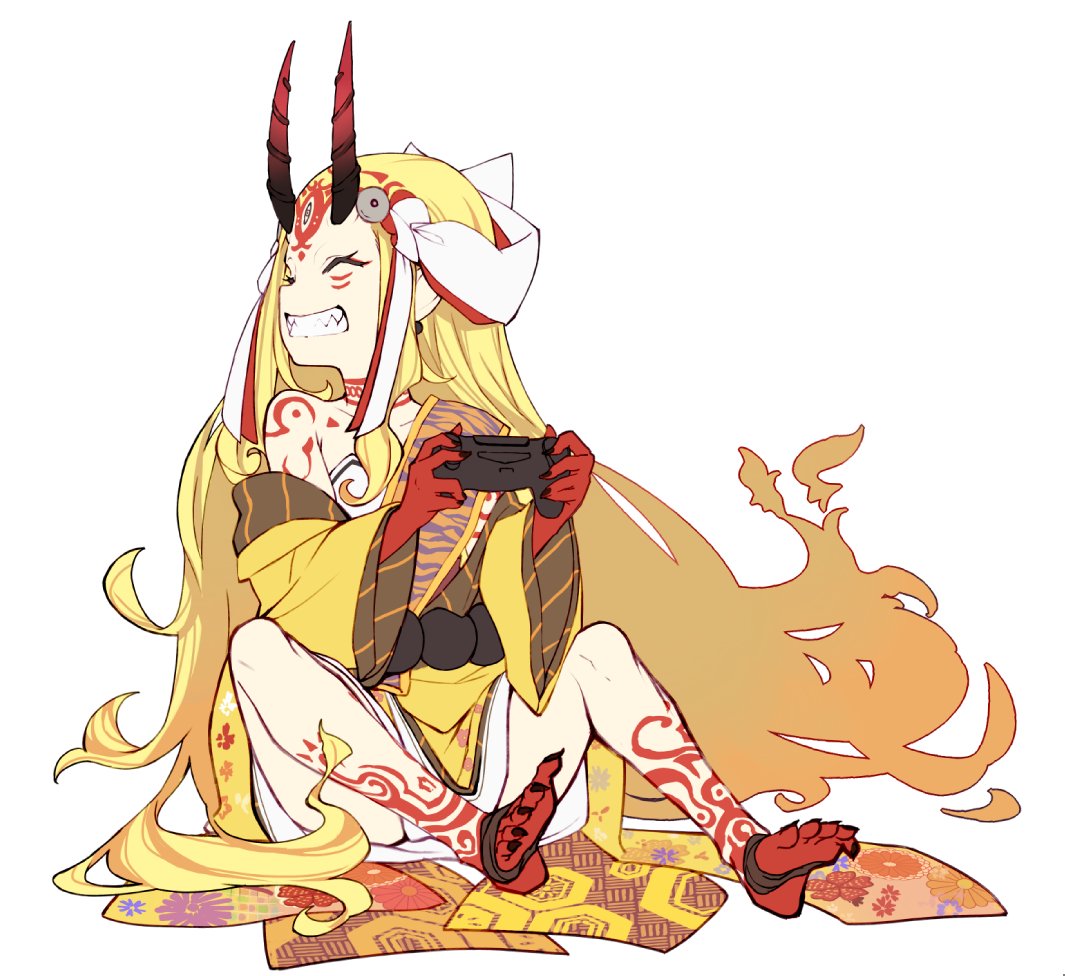 bare_shoulders barefoot barefoot_sandals blonde_hair closed_eyes controller facial_mark fate/grand_order fate_(series) fingernails floral_print forehead_mark full_body grin ibaraki_douji_(fate/grand_order) japanese_clothes joystick kimono long_hair long_sleeves looking_to_the_side oni_horns print_kimono sharp_fingernails sharp_teeth sharp_toenails shirabi simple_background sitting smile solo tattoo teeth toenails very_long_hair wavy_hair white_background yellow_kimono