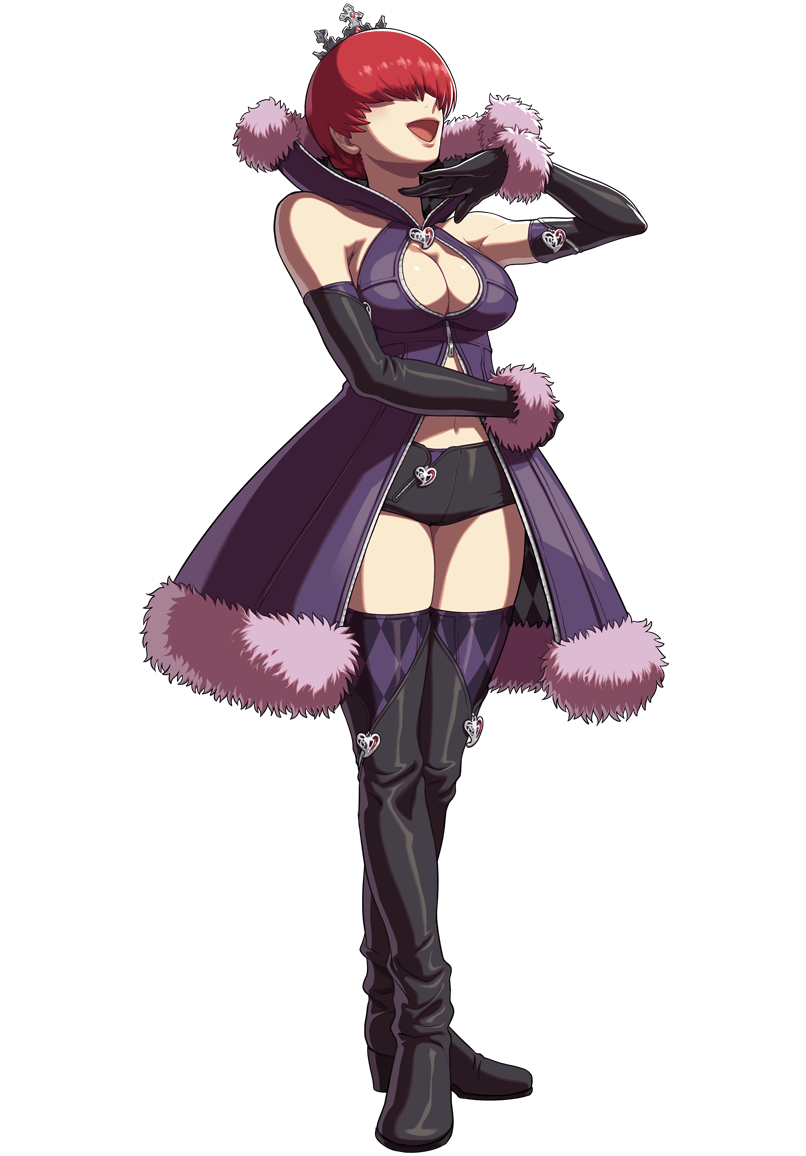 alternate_costume breasts cleavage cleavage_cutout elbow_gloves gloves hair_over_eyes large_breasts long_hair navel official_art ogura_eisuke ojou-sama_pose shermie snk snk_heroines:_tag_team_frenzy solo the_king_of_fighters thighhighs