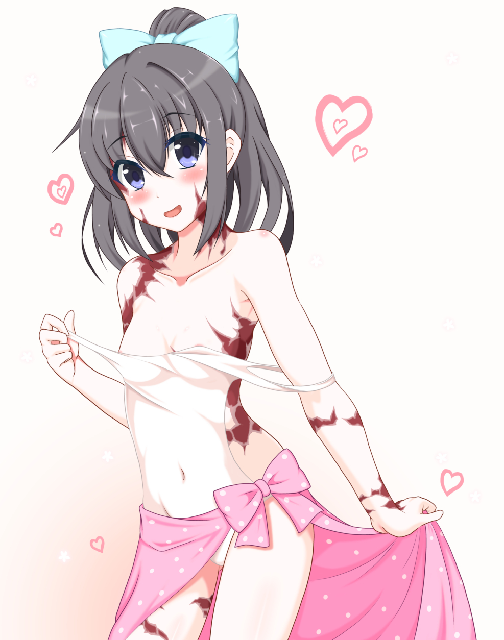 :d areola_slip areolae bare_shoulders black_hair blue_eyes blue_ribbon blush breasts burn_scar collarbone commentary_request covered_navel dorei_to_no_seikatsu_~teaching_feeling~ eyebrows_visible_through_hair hair_between_eyes hair_ribbon heart highres long_hair looking_at_viewer one-piece_swimsuit open_mouth ponytail ribbon sarong scar simple_background small_breasts smile solo swimsuit sylvie_(dorei_to_no_seikatsu) takahiko undressing white_background white_swimsuit