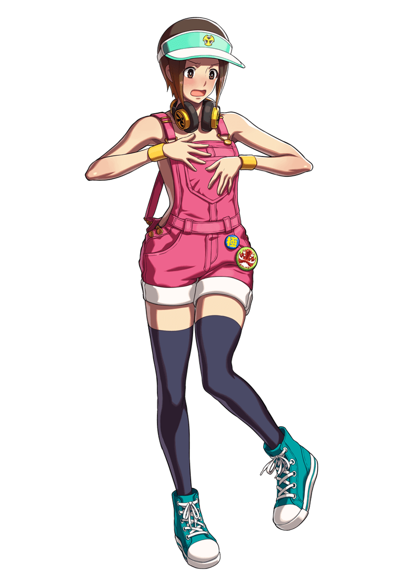 alternate_costume blush brown_eyes brown_hair flat_chest full_body headphones official_art ogura_eisuke overalls shoes short_hair sneakers snk snk_heroines:_tag_team_frenzy solo the_king_of_fighters thighhighs yuri_sakazaki