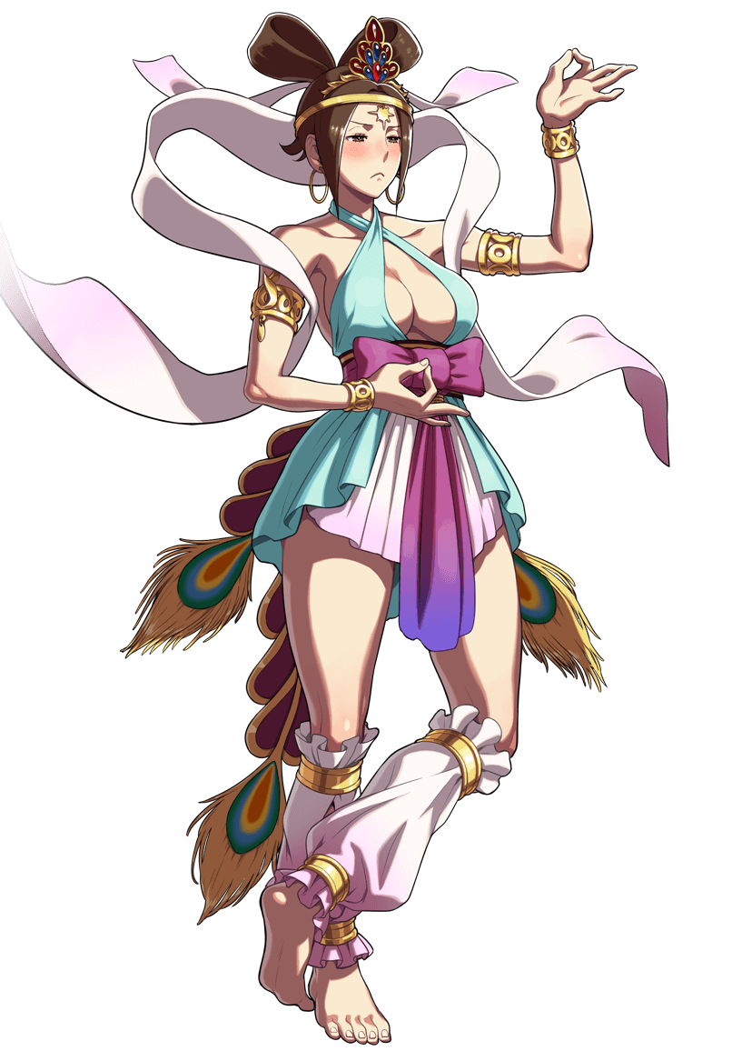 alternate_costume blush breasts brown_eyes brown_hair cleavage earrings fatal_fury full_body jewelry large_breasts official_art ogura_eisuke shiranui_mai snk snk_heroines:_tag_team_frenzy solo the_king_of_fighters