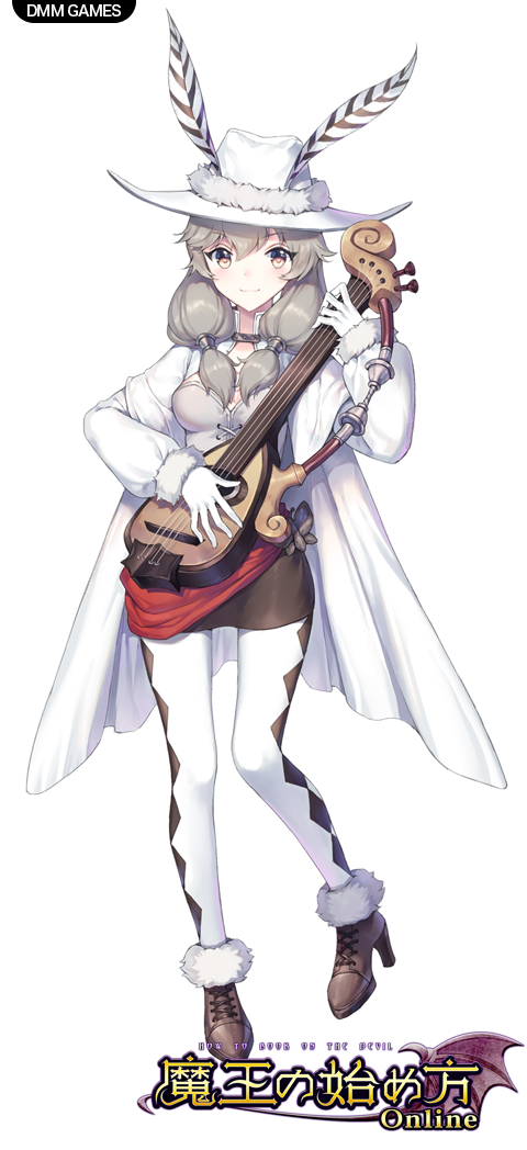 dmm full_body gloves grey_eyes grey_hair hat hat_feather high_heels holding holding_instrument instrument jacket long_sleeves looking_at_viewer maou_no_hajimekata_(dmm) official_art simple_background solo soriya tachi-e watermark white_gloves white_hat white_jacket white_legwear