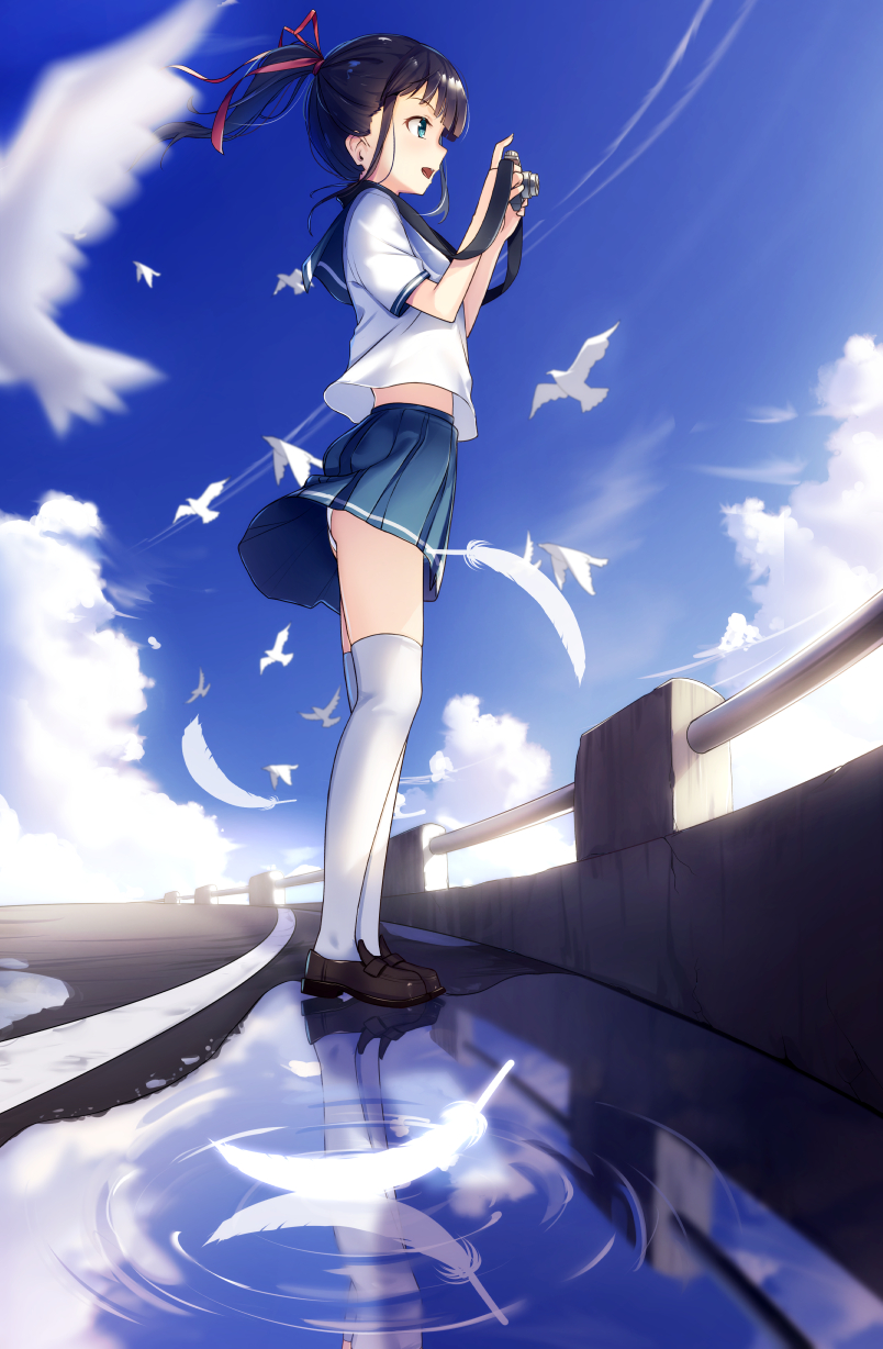 1girl :d animal bangs bird black_hair blue_eyes blue_sailor_collar blue_skirt blue_sky blurry blurry_foreground brown_footwear camera cloud commentary_request condensation_trail day depth_of_field feathers hair_ribbon highres holding holding_camera loafers open_mouth original outdoors panties pleated_skirt ponytail profile puddle red_ribbon reflection revision ribbon ripples sailor_collar school_uniform serafuku shirt shoes short_sleeves skirt sky smile solo standing thighhighs underwear white_feathers white_legwear white_panties white_shirt yan_(nicknikg)