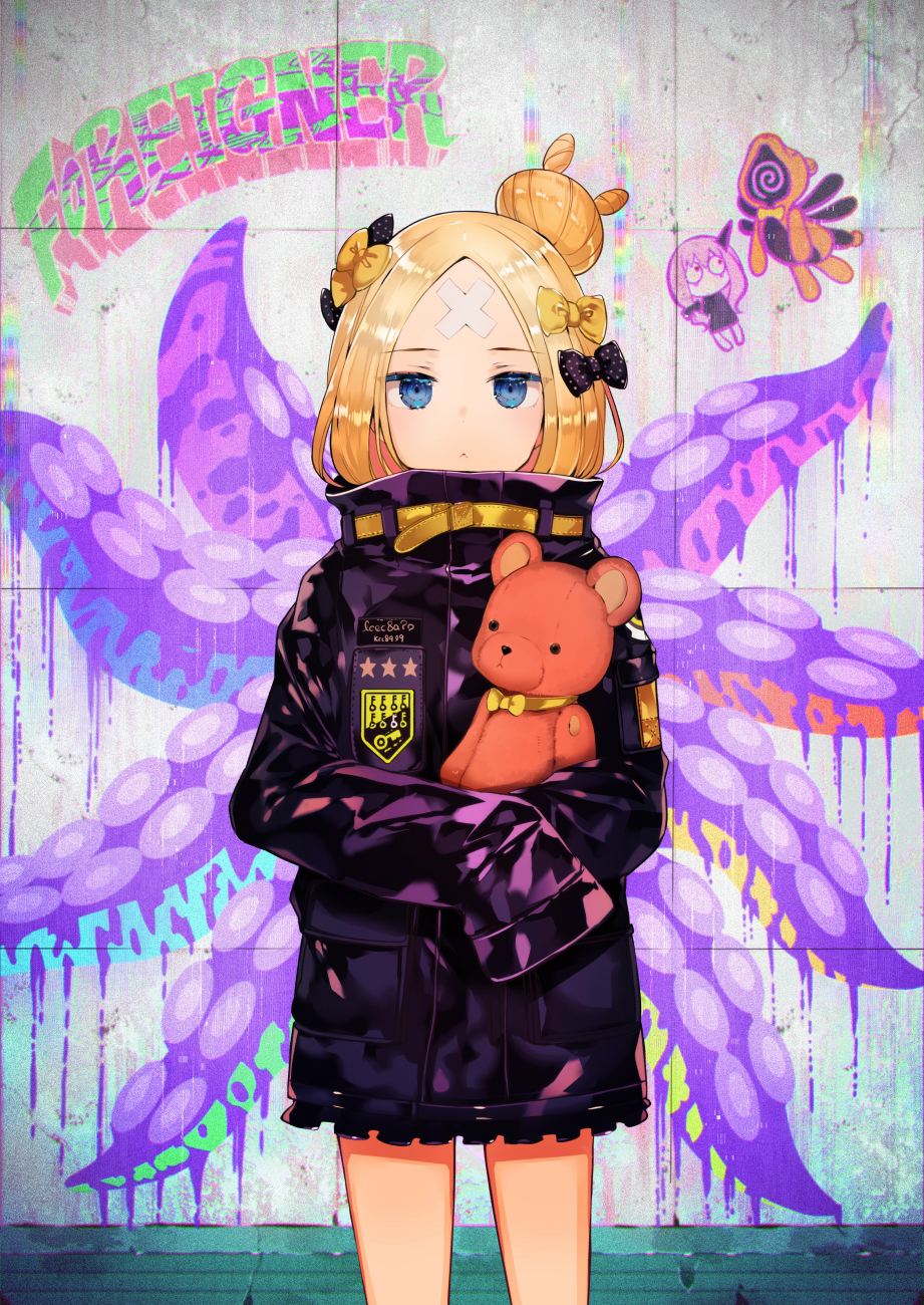 :&lt; abigail_williams_(fate/grand_order) alternate_hairstyle bandaid_on_forehead bangs banned_artist belt black_bow black_jacket blonde_hair blue_eyes blush bow closed_mouth commentary_request cowboy_shot fate/grand_order fate_(series) forehead hair_bow hair_bun heroic_spirit_traveling_outfit high_collar highres holding holding_stuffed_animal jacket lavinia_whateley_(fate/grand_order) long_hair long_sleeves looking_at_viewer object_hug orange_bow parted_bangs polka_dot polka_dot_bow sleeves_past_fingers sleeves_past_wrists solo standing stuffed_animal stuffed_toy suction_cups teddy_bear tentacles tetsubuta thighs