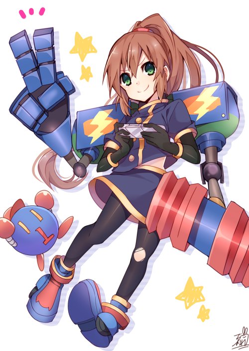 1girl black_gloves bobot brown_hair commentary_request eyewear_on_head gloves green_eyes handheld_game_console long_hair looking_at_viewer mechanical_arm omuretsu pantyhose playstation_portable ponytail precis_neumann shirt skirt smile star_ocean star_ocean_the_second_story