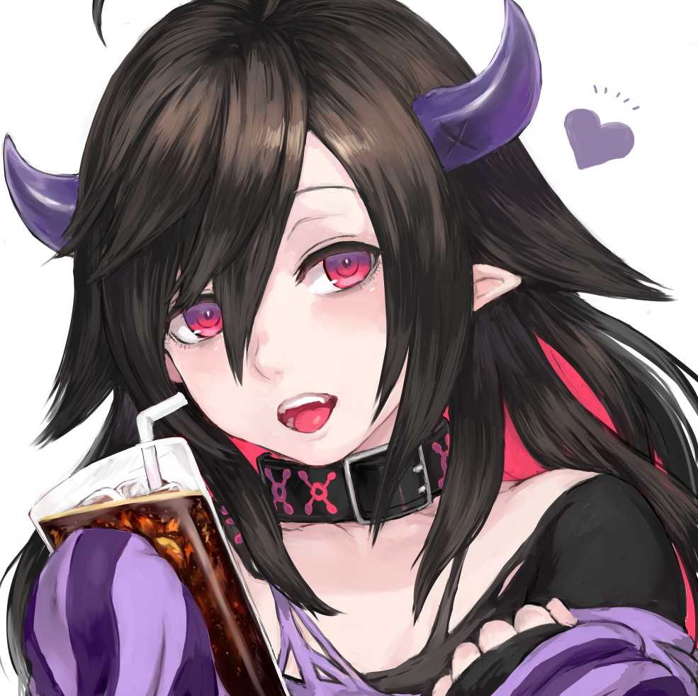 :d ahoge bangs belt_buckle belt_collar black_collar black_hair black_shirt bubble buckle coke collarbone commentary cup demon_girl demon_horns drinking_glass drinking_straw fang hair_between_eyes hair_flaps hand_up head_tilt heart holding holding_cup horns ice long_hair looking_at_viewer multicolored_hair nijisanji open_mouth pale_skin parted_bangs pointy_ears portrait purple_shirt red_eyes red_hair ringed_eyes shirt shu-mai simple_background sleeves_past_fingers sleeves_past_wrists smile solo striped striped_shirt torn_clothes torn_shirt two-tone_hair virtual_youtuber white_background yamiyono_moruru