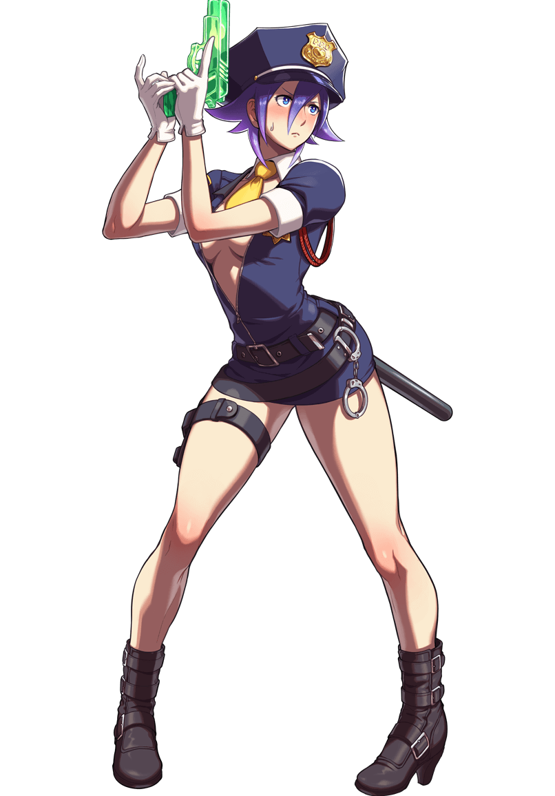 alternate_costume blue_eyes blue_hair blush breasts cleavage full_body gloves hat love_heart official_art ogura_eisuke police police_hat police_uniform policewoman small_breasts snk snk_heroines:_tag_team_frenzy solo the_king_of_fighters uniform