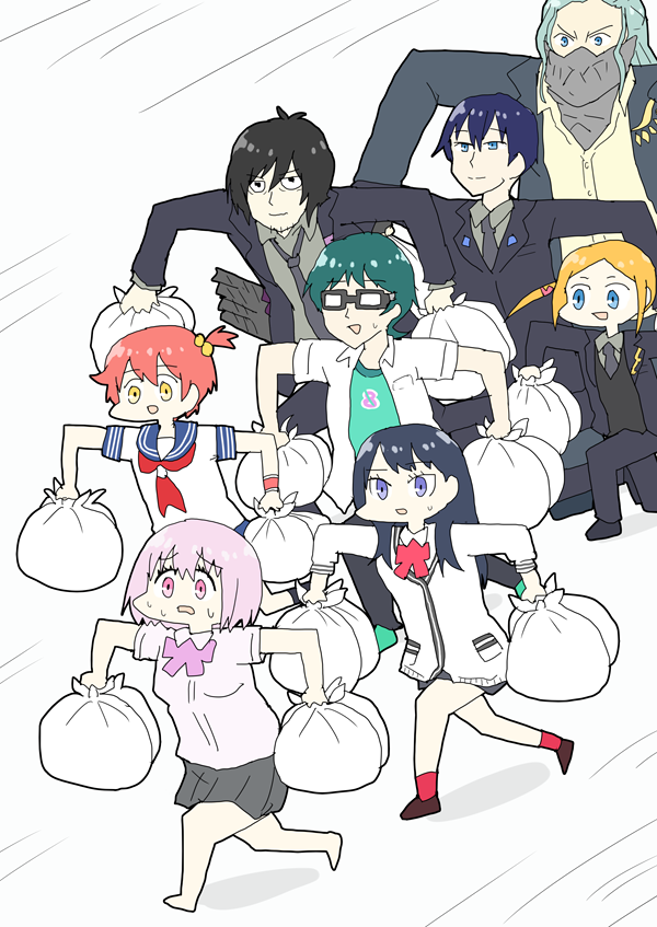 2girls 6+boys ashitaba_tomorou barefoot black_hair blue_eyes bob_cut borr bow cardigan commentary crossdressing everyone formal green_hair half_updo hibiki_yuuta lavender_hair mask max_(ssss.gridman) multiple_boys multiple_girls necktie one_side_up pink_eyes red_bow red_hair running samurai_calibur school_uniform serafuku shinjou_akane short_hair ssss.gridman suit sweat sweatdrop takarada_rikka trash_bag twintails utsumi_shou vit yellow_eyes