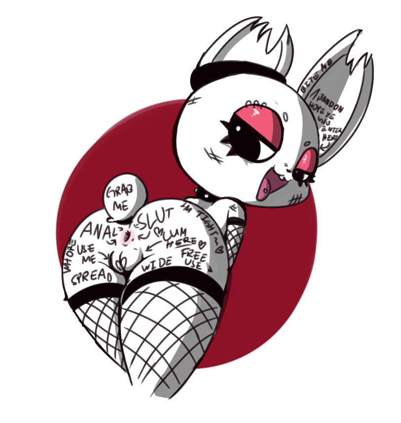 2018 alpha_channel anthro anus bedroom_eyes body_writing butt clothing collar eyebrow_piercing facial_piercing female fishnet fur half-closed_eyes lagomorph leaning leaning_forward legwear looking_at_viewer looking_back mammal piercing presenting presenting_hindquarters pussy rabbit rabbit_tail rear_view seductive shortstack solo text thick_thighs thigh_highs tongue tongue_out tongue_piercing vono white_fur