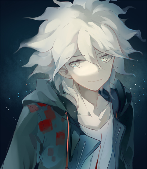 1boy blood bloody_clothes closed_mouth collarbone commentary_request danganronpa dark_background dhiea dots eyebrows_visible_through_hair green_eyes green_hoodie green_jacket hood hoodie jacket komaeda_nagito looking_to_the_side medium_hair multicolored open_eyes shirt simple_background smile solo super_danganronpa_2 white_hair white_shirt