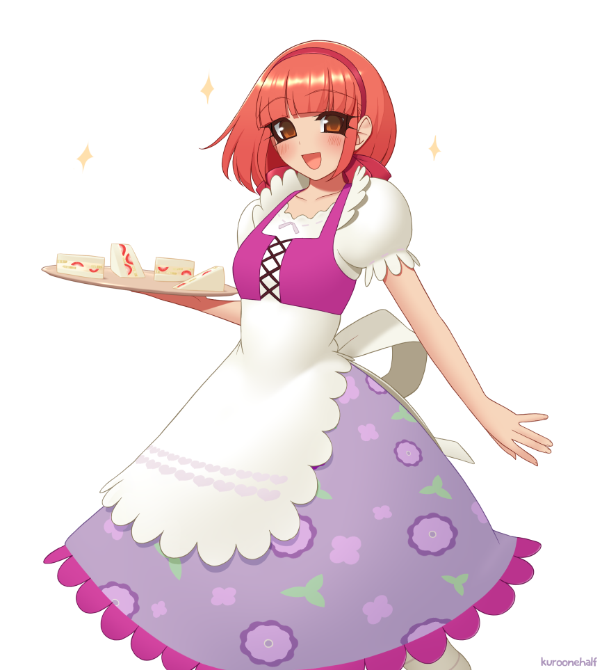 :d artist_name bangs blunt_bangs blush brown_eyes commentary dress eyebrows_visible_through_hair hairband harvest_moon kuroonehalf looking_at_viewer natalie_(harvest_moon) open_mouth puffy_short_sleeves puffy_sleeves red_hair short_sleeves simple_background smile solo sparkle tray white_background