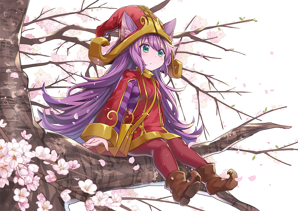 animal_ears boots cherry_blossoms green_eyes hat konomoto_(knmtzzz) lavender_skin league_of_legends long_hair lulu_(league_of_legends) pantyhose petals purple_hair red_legwear sitting sitting_on_branch solo witch_hat yordle