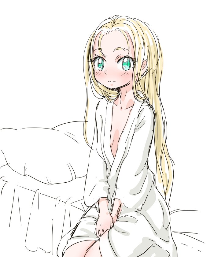 aqua_eyes bathrobe bed blonde_hair blue_eyes blush breasts chrono_trigger closed_mouth commentary_request long_hair looking_at_viewer marle pillow s-a-murai small_breasts solo