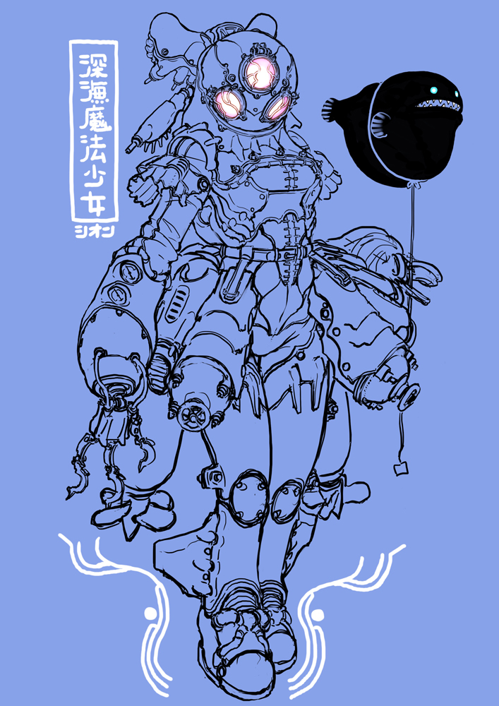 1girl blue_background claws diving_suit fish mecha mecha_musume original propeller robot shion_humine simple_background tagme translation_request