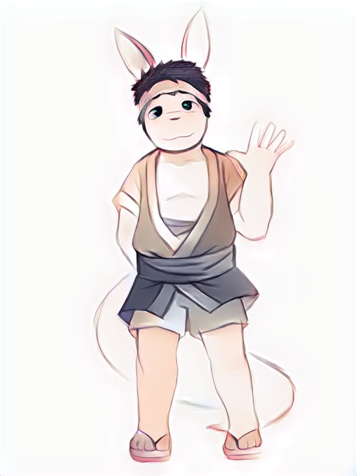 2017 4_toes 5_fingers anthro biped black_eyes black_hair canine clothed clothing cub danny_(funnybox) feet fluffy fluffy_tail footwear fox funnybox fur hair hand_behind_back headband hybrid japanese_clothing lagomorph looking_at_viewer male mammal rabbit sandals shorts simple_background smile solo standing toes waving white_background white_fur young