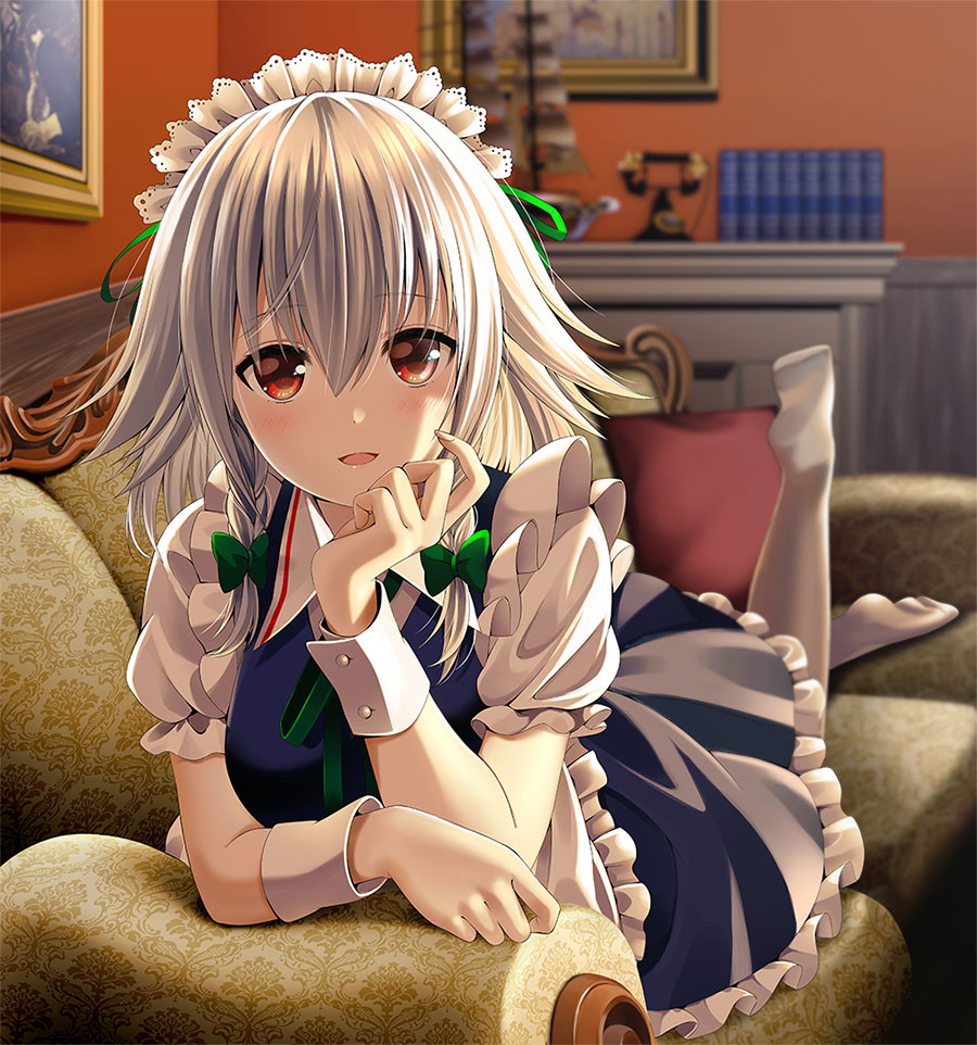 apron banned_artist blue_dress blush book bow braid breasts chin_rest commentary_request couch dress eyebrows_visible_through_hair frilled_apron frills green_bow green_neckwear green_ribbon hair_between_eyes hair_bow hair_ribbon hand_up indoors izayoi_sakuya looking_at_viewer lying maid maid_apron maid_headdress medium_breasts model_ship neck_ribbon no_shoes on_stomach open_mouth petticoat phone picture_frame pillow puffy_short_sleeves puffy_sleeves red_eyes ribbon short_hair short_sleeves silver_hair smile solo touhou twin_braids waist_apron white_legwear wing_collar wrist_cuffs yuuka_nonoko