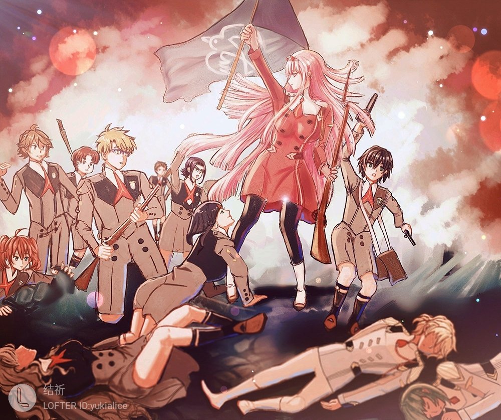 6+girls ahoge bangs black_hair black_legwear blonde_hair blue_eyes blue_hair boots brown_footwear brown_hair chinese_commentary commentary_request couple darling_in_the_franxx fine_art_parody flag futoshi_(darling_in_the_franxx) glasses gorou_(darling_in_the_franxx) green_eyes green_hair gun hair_ornament hairband hand_up hetero high_ponytail hiro_(darling_in_the_franxx) holding holding_flag holding_gun holding_weapon horns ichigo_(darling_in_the_franxx) ikuno_(darling_in_the_franxx) jieqialice kokoro_(darling_in_the_franxx) liberty_leading_the_people light_brown_hair long_hair long_sleeves looking_back lying miku_(darling_in_the_franxx) military military_uniform mitsuru_(darling_in_the_franxx) multiple_boys multiple_girls necktie nine_alpha nine_delta on_back on_side oni_horns orange_neckwear pantyhose parody pink_hair ponytail purple_hair red_hair red_horns red_neckwear shoes short_hair socks thighs twintails uniform weapon white_footwear white_hairband zero_two_(darling_in_the_franxx) zorome_(darling_in_the_franxx)