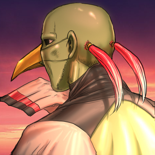 bald facial_hair green_skin hand_up looking_to_the_side lowres male_focus mask nape outdoors personification pink_sky pokemon solo stubble tied_hair twilight ujiga_waita upper_body xatu