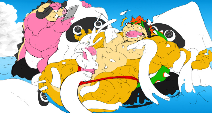ambiguous_gender anthro anthro_on_feral bestiality biceps big_muscles bowser clothed clothing cum eyewear feral male male/ambiguous mario_and_luigi_(series) mario_bros midbus musclegut muscular nintendo orgasm pecs penis speedo sunglasses swimsuit tentacles video_games
