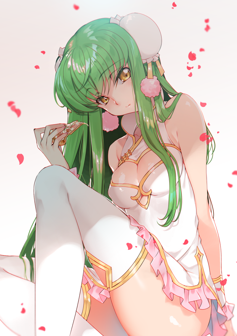 bangs bare_shoulders blush breasts c.c. china_dress chinese_clothes cleavage cleavage_cutout closed_mouth code_geass commentary_request creayus double_bun dress eyebrows_visible_through_hair food frilled_dress frills green_hair long_hair looking_at_viewer petals pink_frills pizza shiny shiny_hair shiny_skin sitting solo thighhighs white_dress white_legwear yellow_eyes